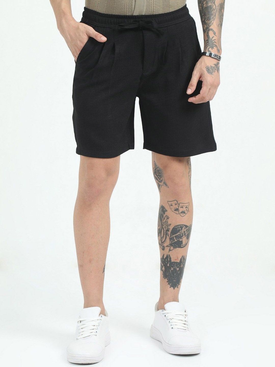 

NEVER NEUD Men Relaxed Air Linen Summer Shorts, Black