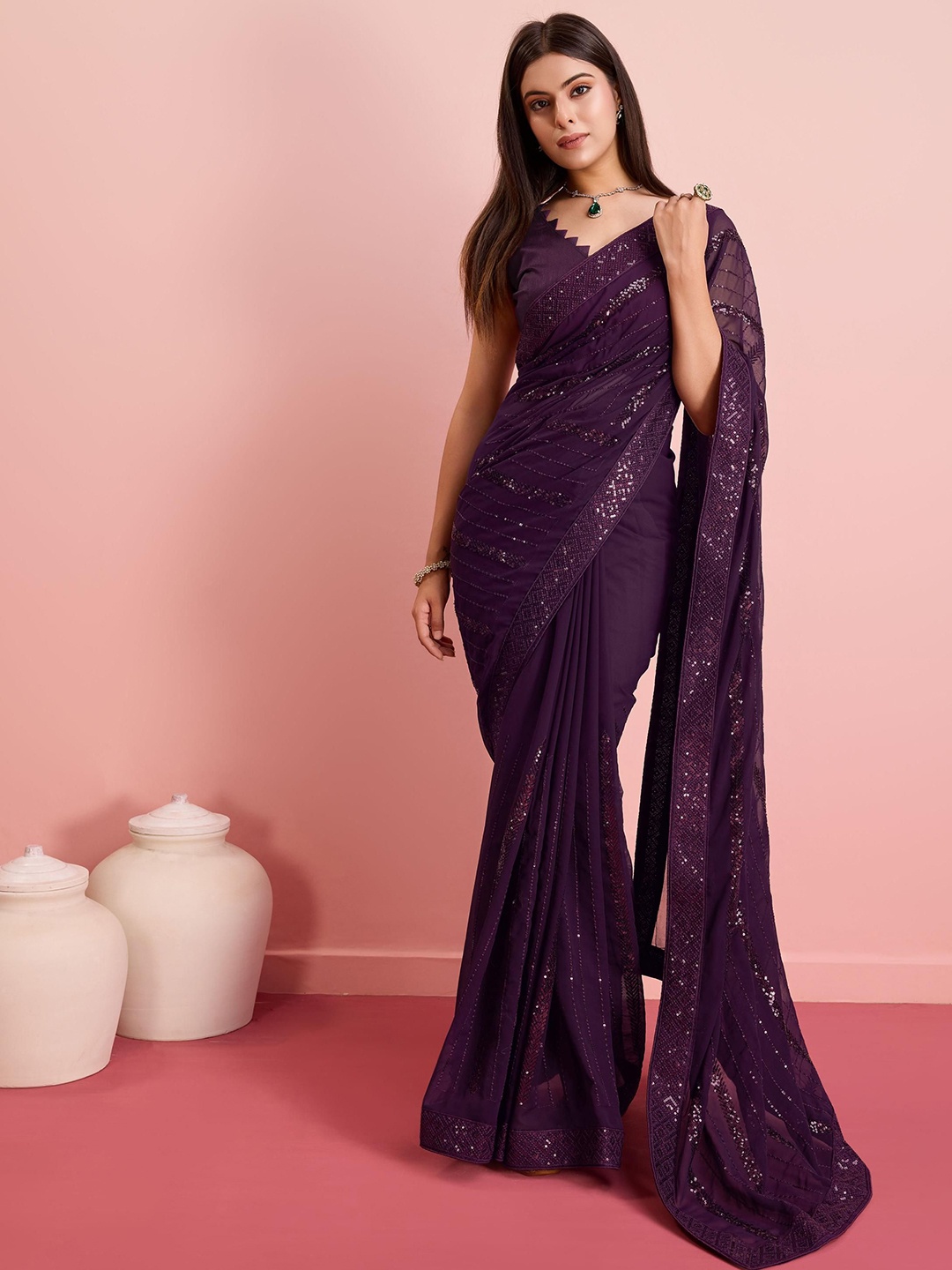 

HERE&NOW Embellished Sequinned Saree, Purple