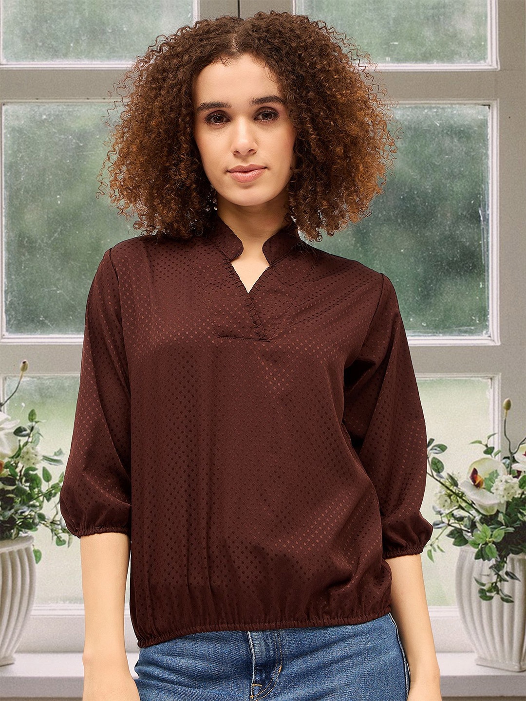 

DressBerry Women Mandarin Collar Blouson Top, Brown