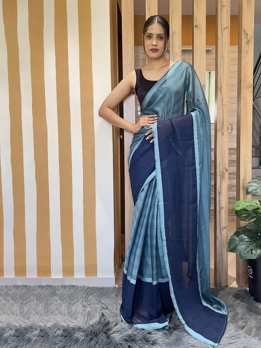 

KAYOMMI Striped Pure Chiffon Ready to Wear Saree, Blue