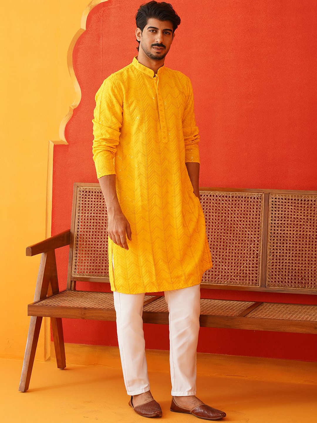 

Jompers Men Ethnic Motifs Embroidered Regular Sequinned Kurta with Pyjamas, Yellow