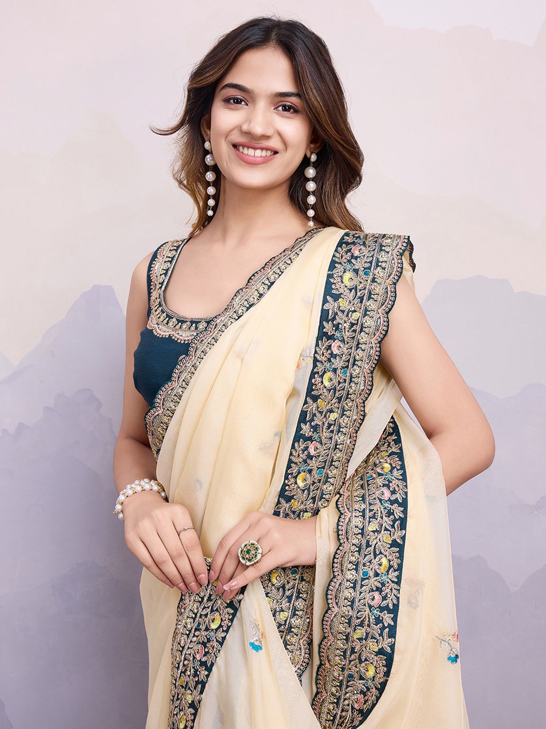 

HERE&NOW Floral Embroidered Organza Saree, Cream