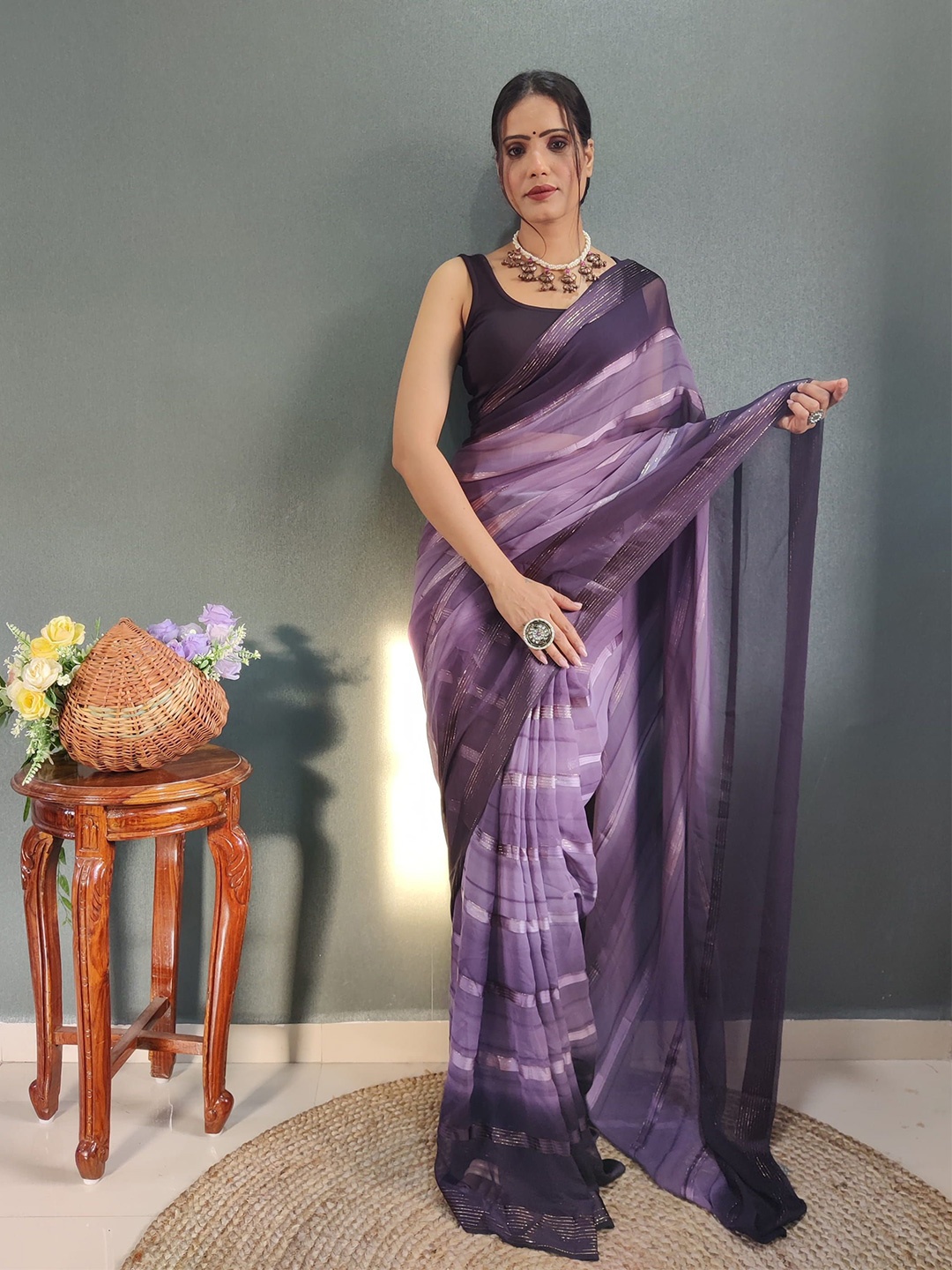 

KAYOMMI Pure Chiffon Zari Ready to Wear Saree, Purple