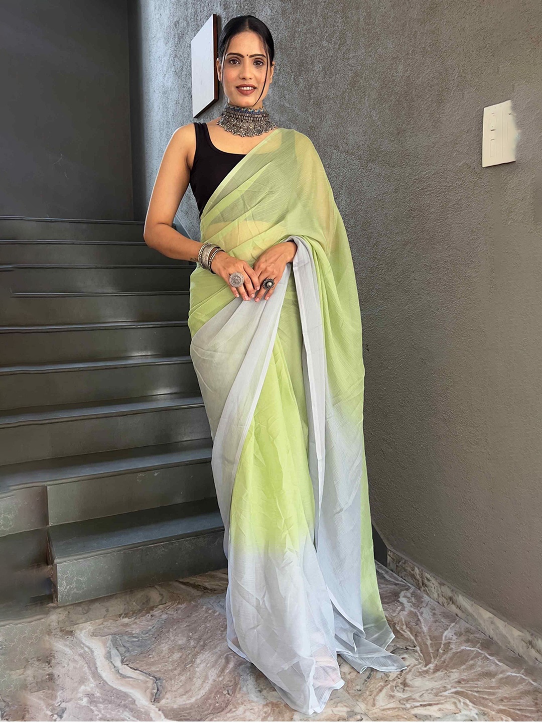 

HERE&NOW Ombre Poly Georgette Ready to Wear Saree, Sea green