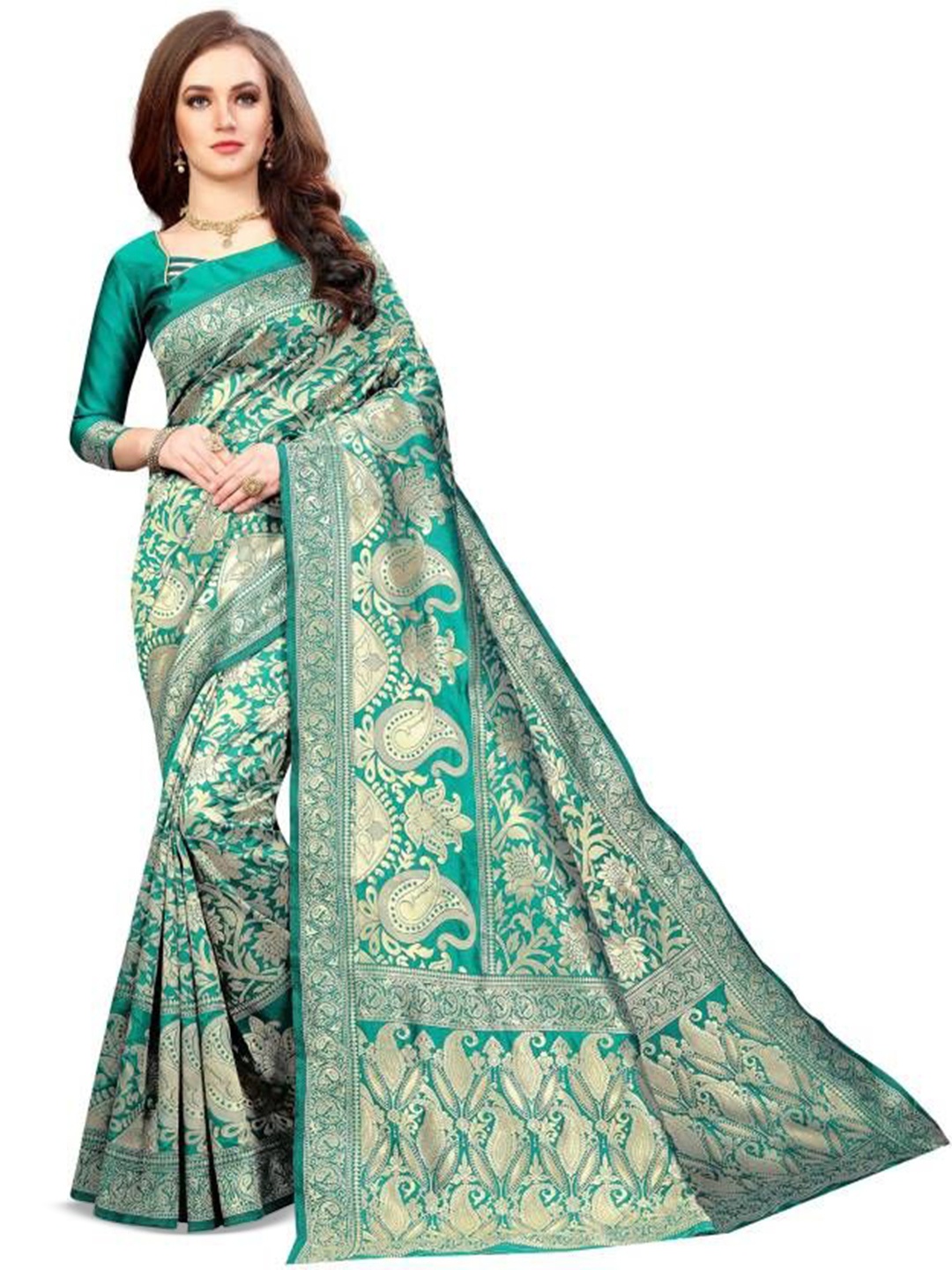 

Shiroya Brothers Woven Design Zari Jute Cotton Saree, Teal