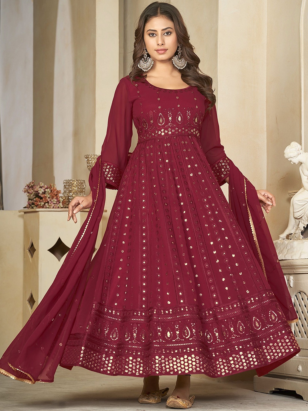 

KALINI Embroidered Semi-Stitched Dress Material, Maroon