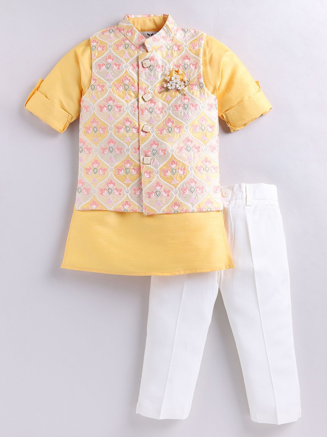 

LITTLE COLLARS Boys Ethnic Wedding Wear Nehru Jacket Kurta Pajama set, Yellow