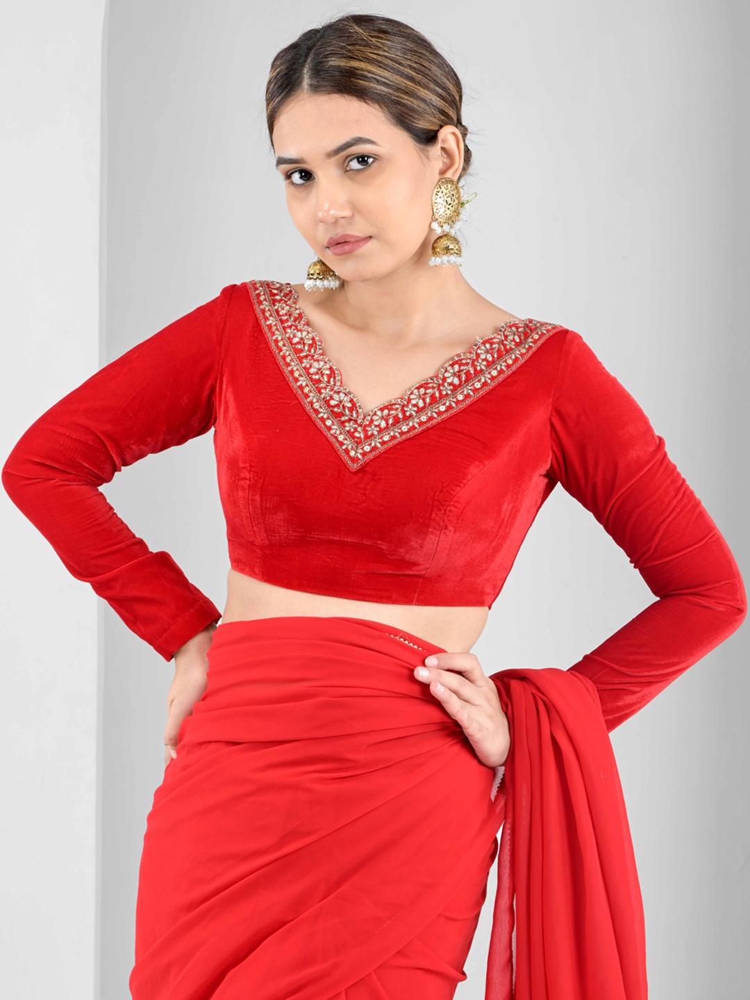 

IN ANY MANNER Women Embroidered Broad V Neck Velvet Saree Blouse, Red