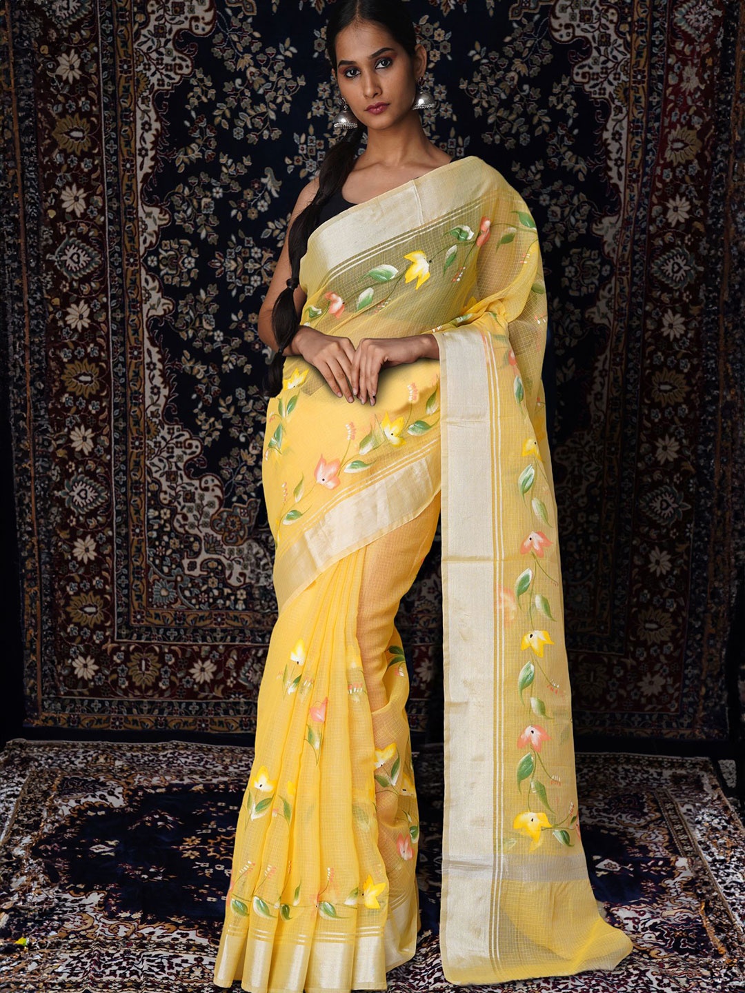 

Unnati Silks Floral Zari Net Kota Saree, Yellow