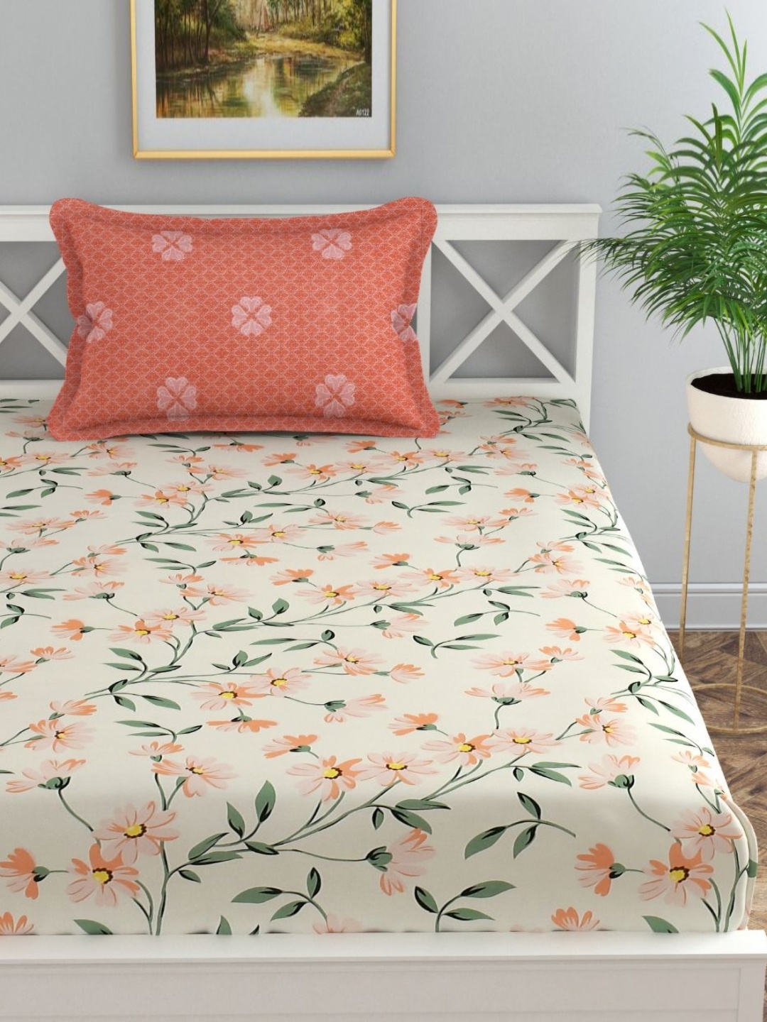 

Florida Beige & Green Floral 200 TC Single Bedsheet with 1 Pillow Covers