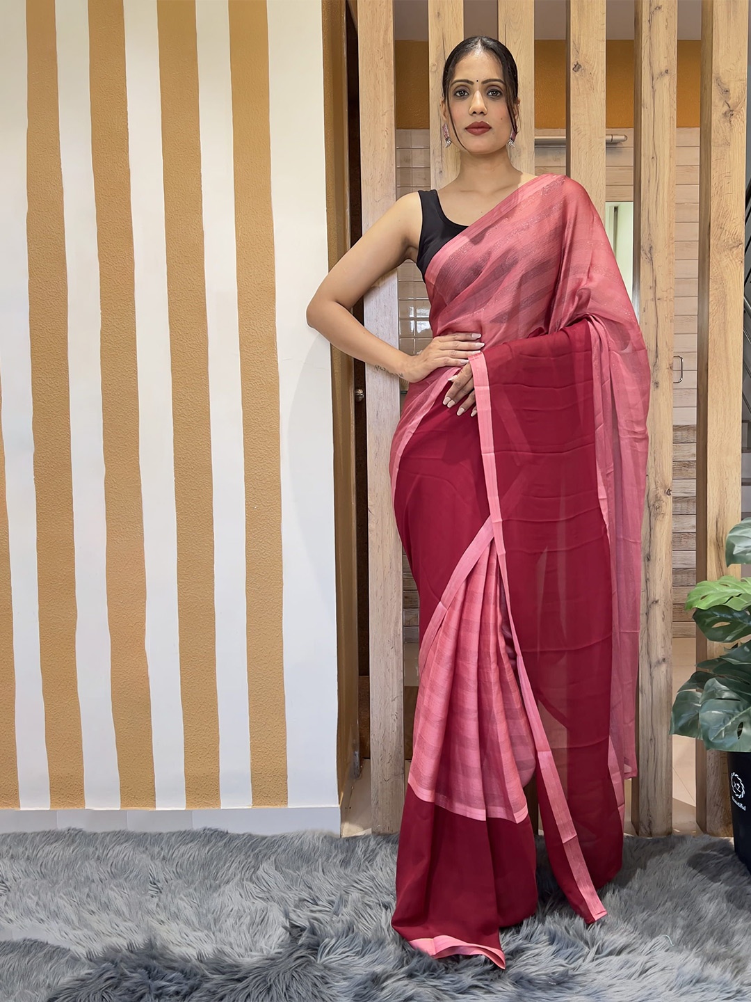 

KAYOMMI Ombre Pure Chiffon Ready to Wear Saree, Pink