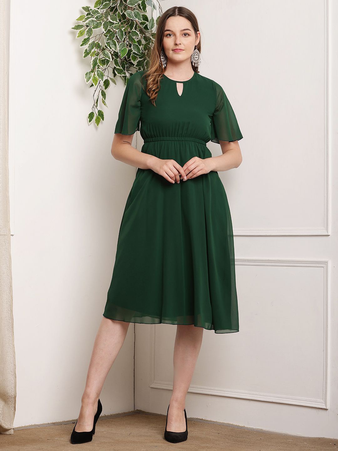 

Tushita Georgette Flared Sleeve Fit & Flare Dress, Green