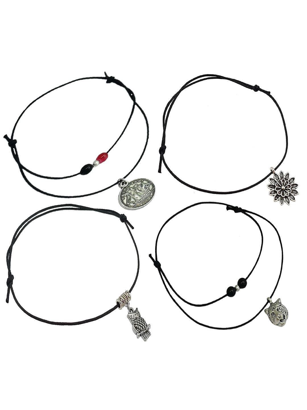 

HIGH TRENDZ Set Of 4 Oxidized Thread Anklets, Black