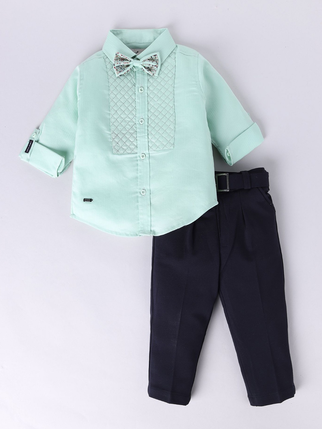 

LITTLE COLLARS Boys Embellished Shirt with Trousers, Green