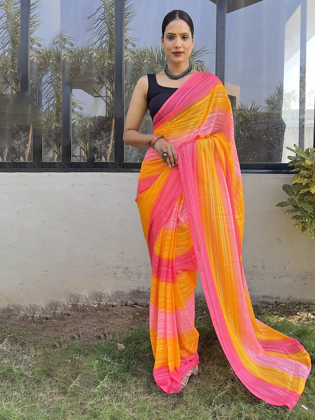 

KAYOMMI Striped Pure Chiffon Ready to Wear Saree, Orange