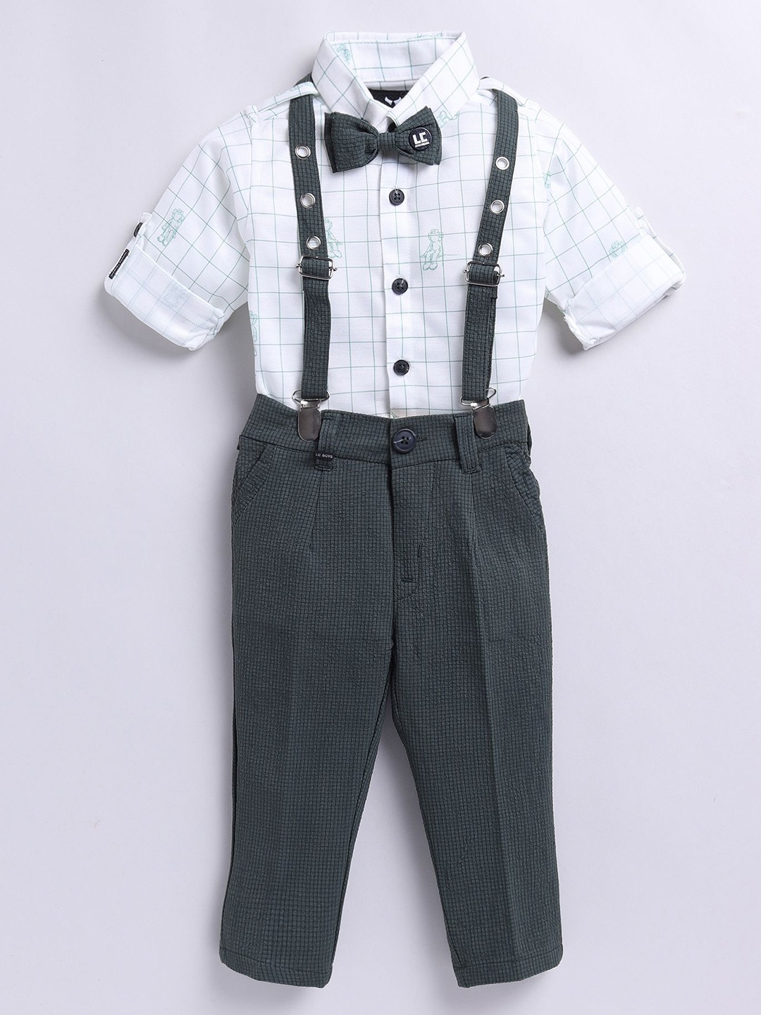 

Little Collars Boys Checked Clothing Set With Suspenders, Green