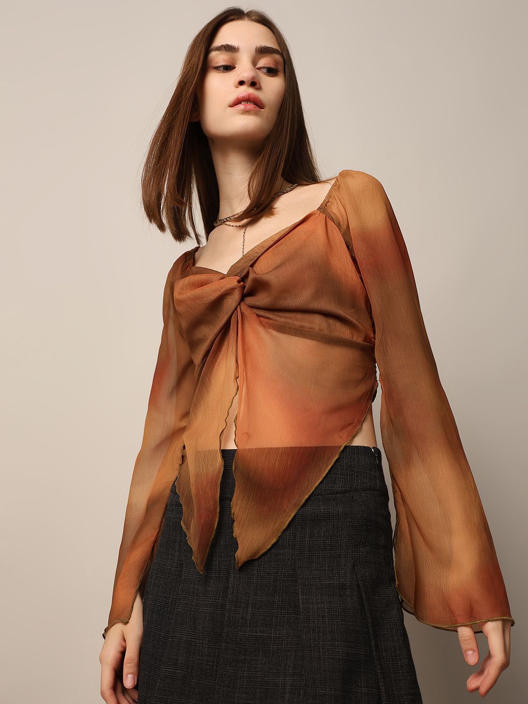 

ONLY Sweetheart Neck Flared Sleeve Bohemian Chiffon Blouson Crop Top, Brown