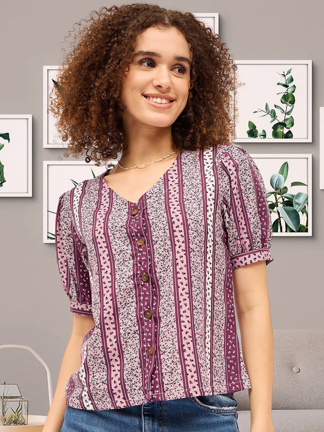 

DressBerry Print Puff Sleeve Cotton Top, Multi