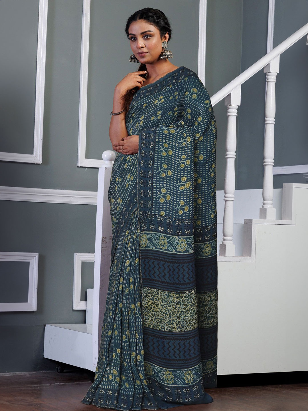 

Unnati Silks Ajrak Block Pure Silk Handloom Block Print Saree, Blue