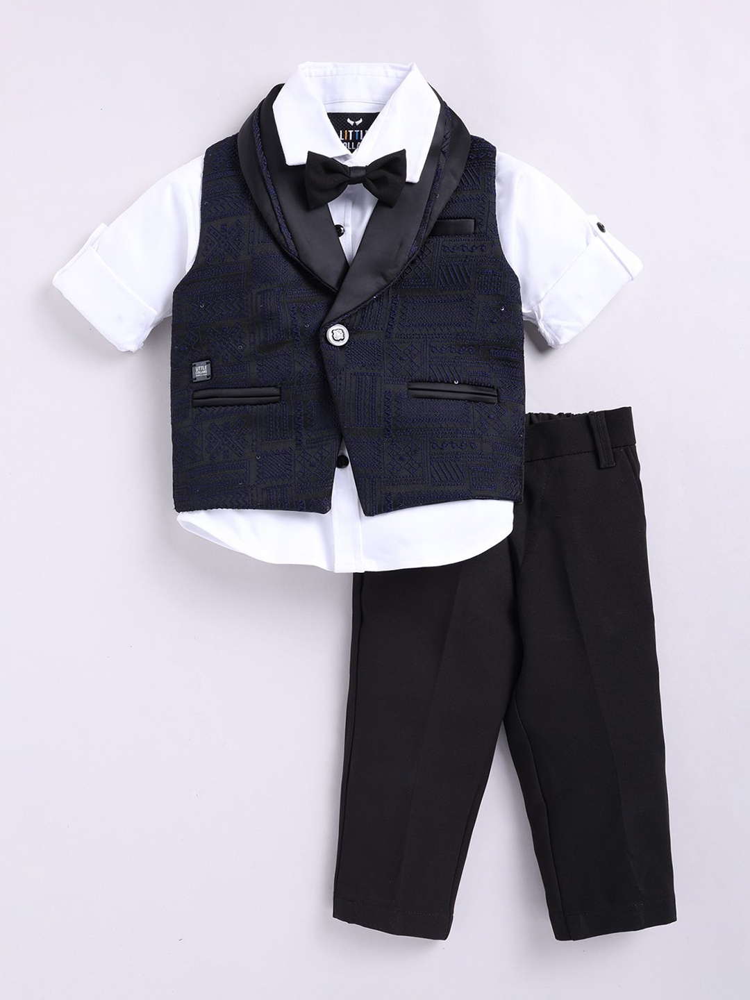 

LITTLE COLLARS Boys Shawl Collar Single Breasted Waistcoat with Trouser and Shirt, Blue