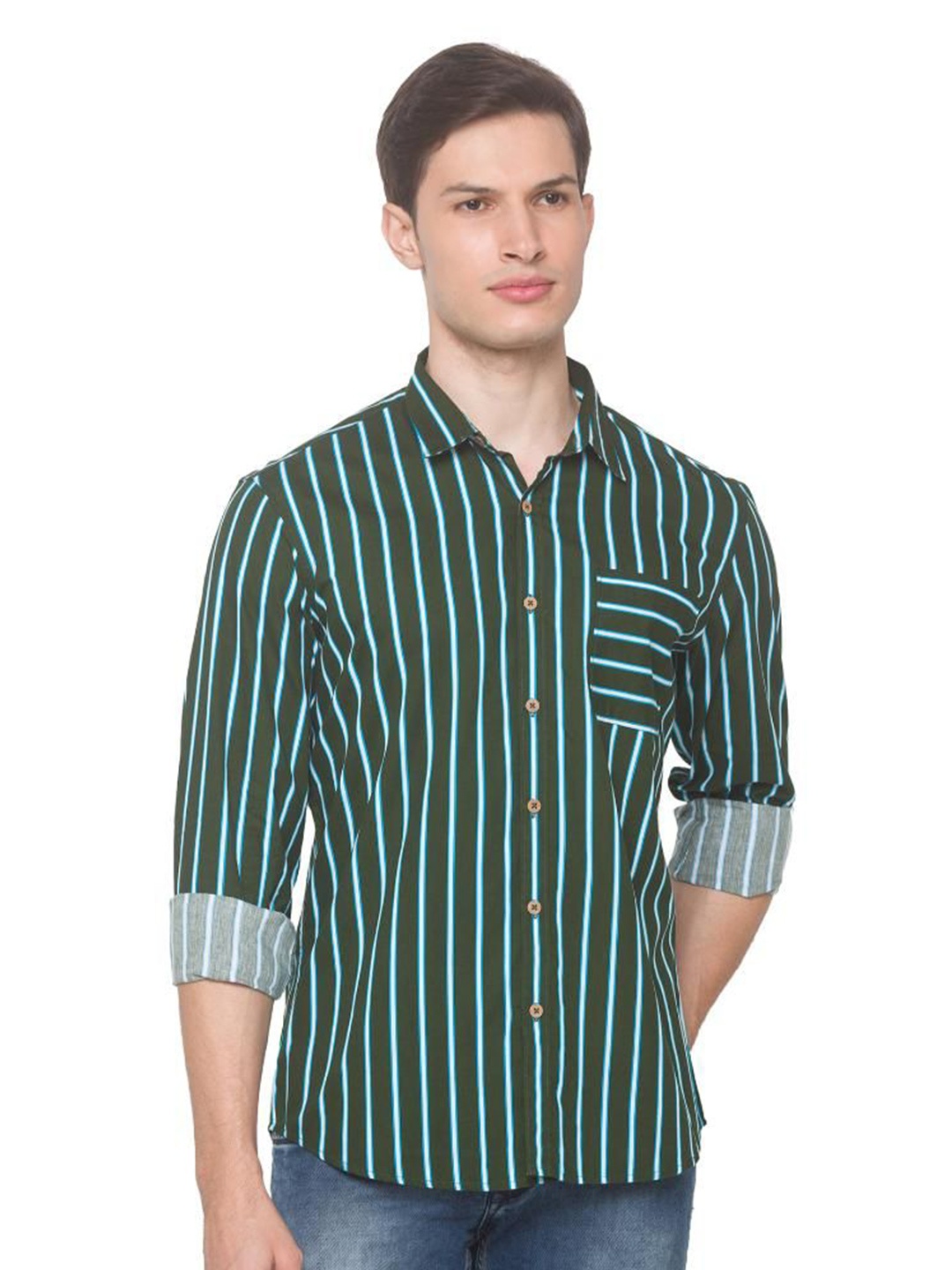 

SNX Men Tailored Fit Opaque Striped Casual Shirt, Green