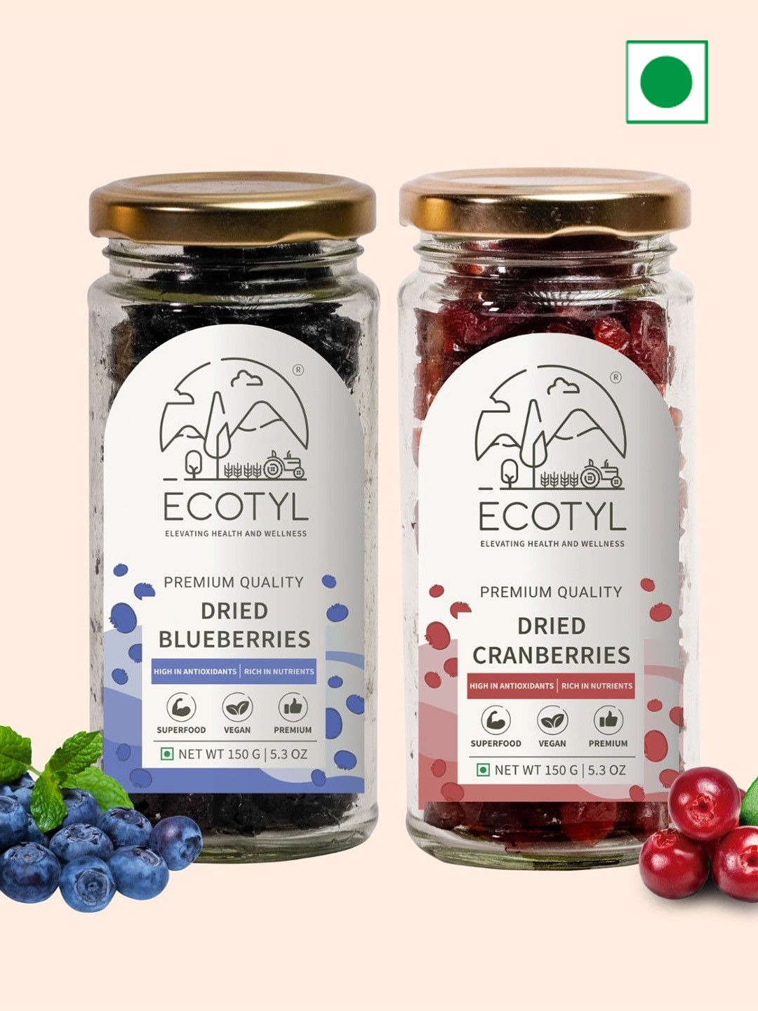

Ecotyl Set Of 2 Dried Blueberries & Dried Cranberries - 150 g Each, Assorted