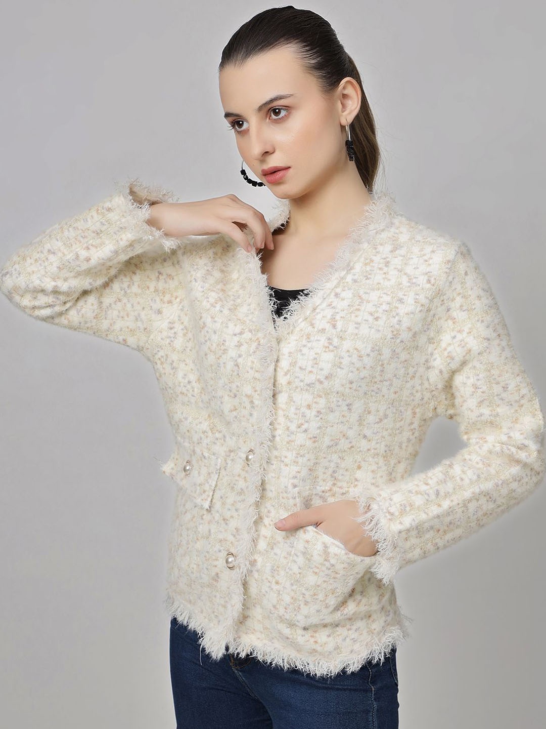 

KALINI Self Design Long Sleeve Woolen Overcoat, Beige