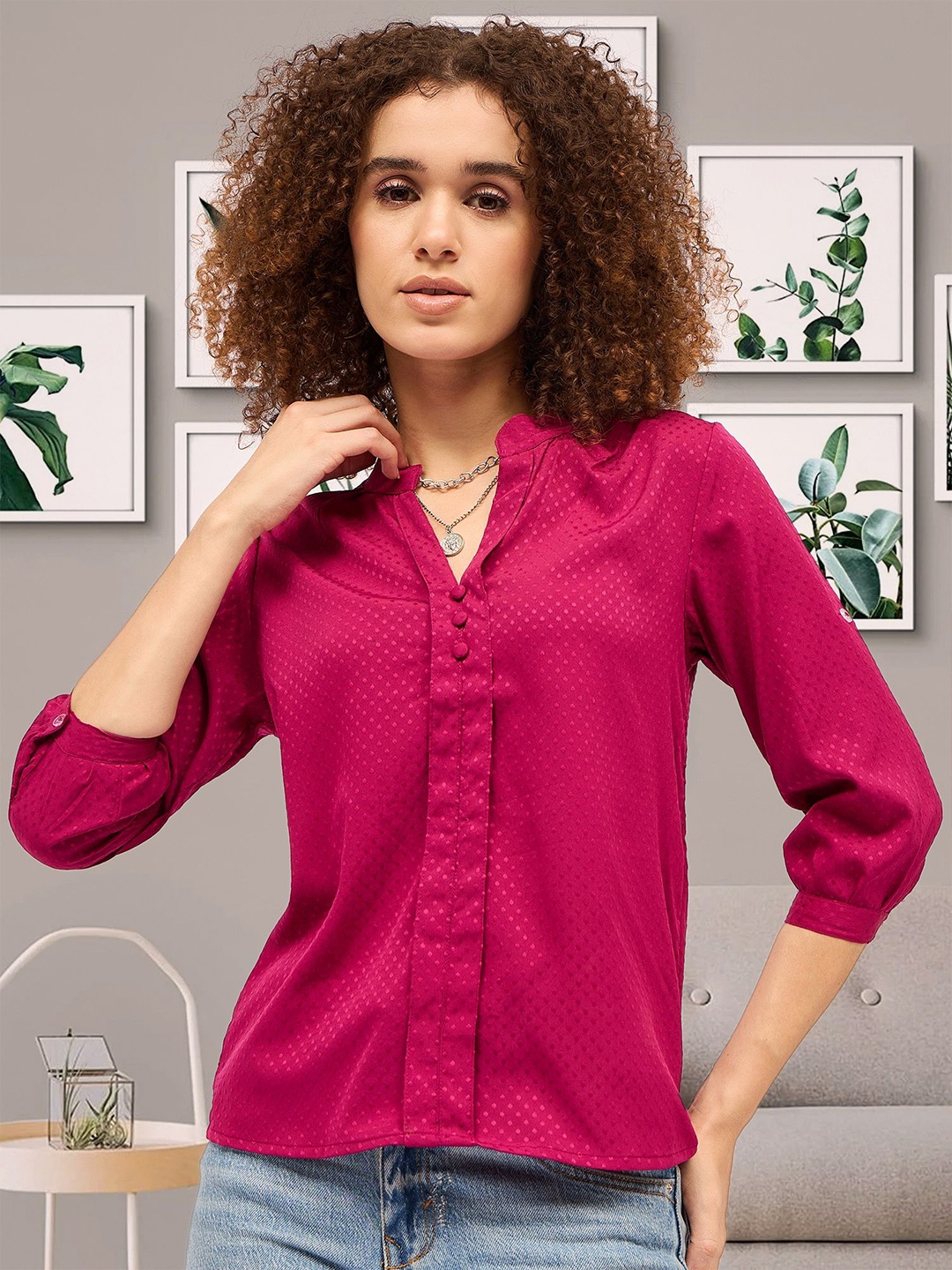 

DressBerry Mandarin Collar Puff Sleeve Shirt Style Top, Fuchsia