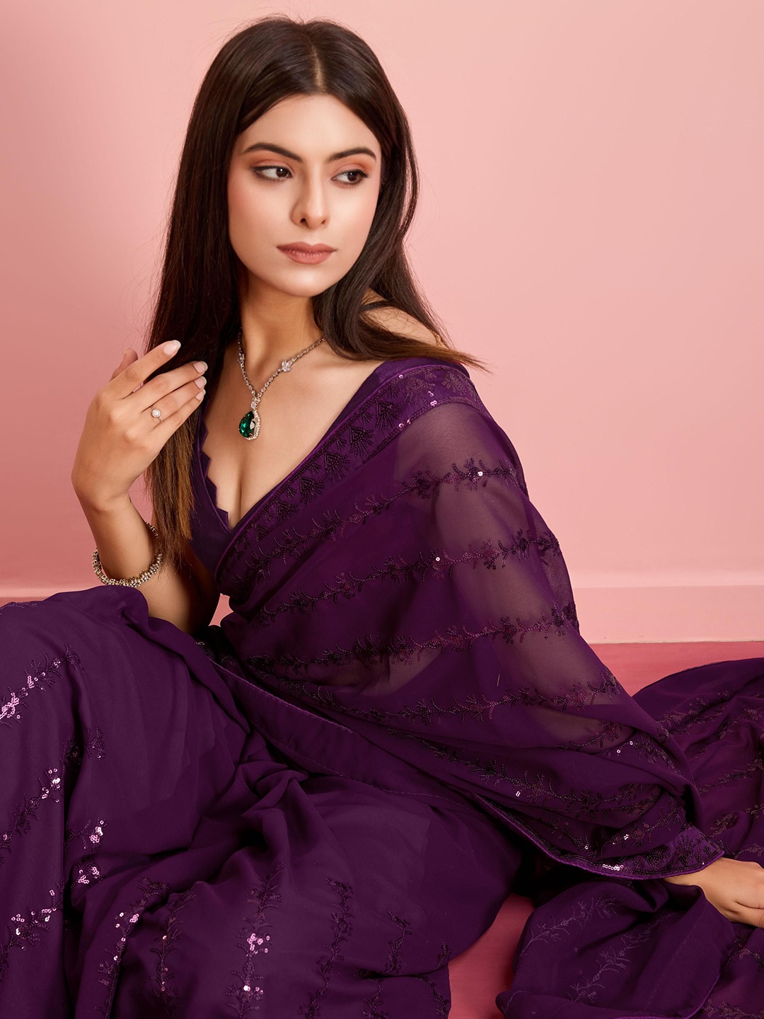 

HERE&NOW Striped Embellished Sequinned Saree, Purple