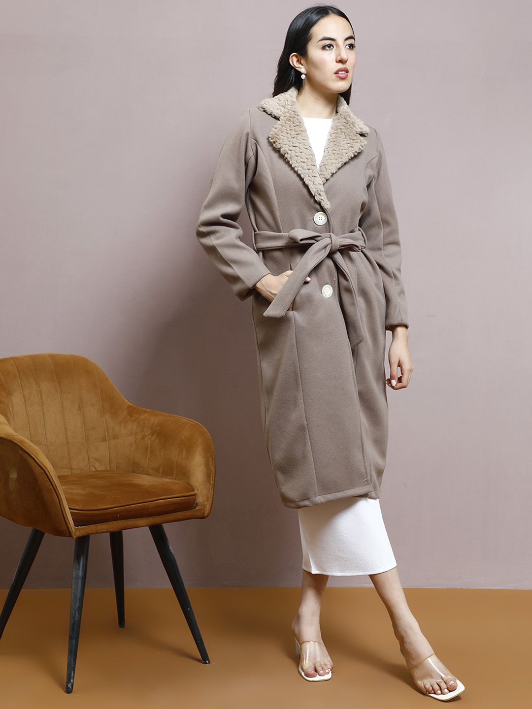 

Athena Women Single-Breasted Longline Coat, Taupe
