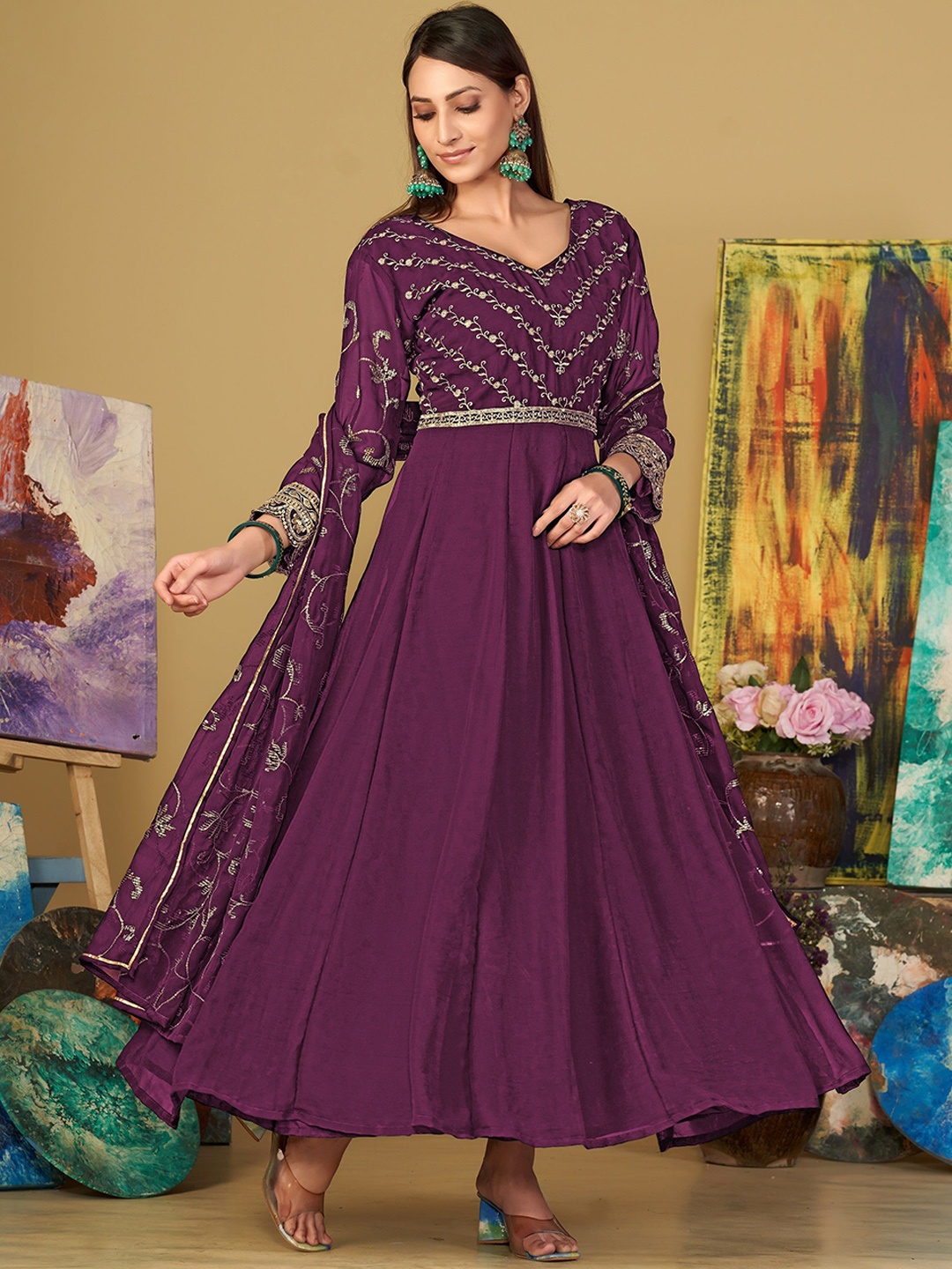 

KALINI Embroidered Semi-Stitched Dress Material, Purple