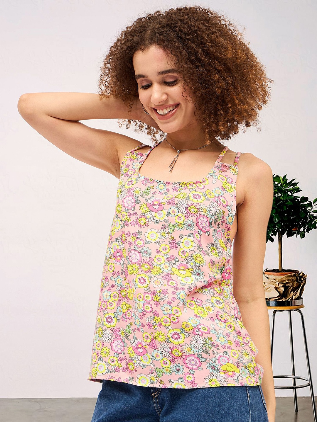 

DressBerry Women Floral Printed Cotton Top, Pink