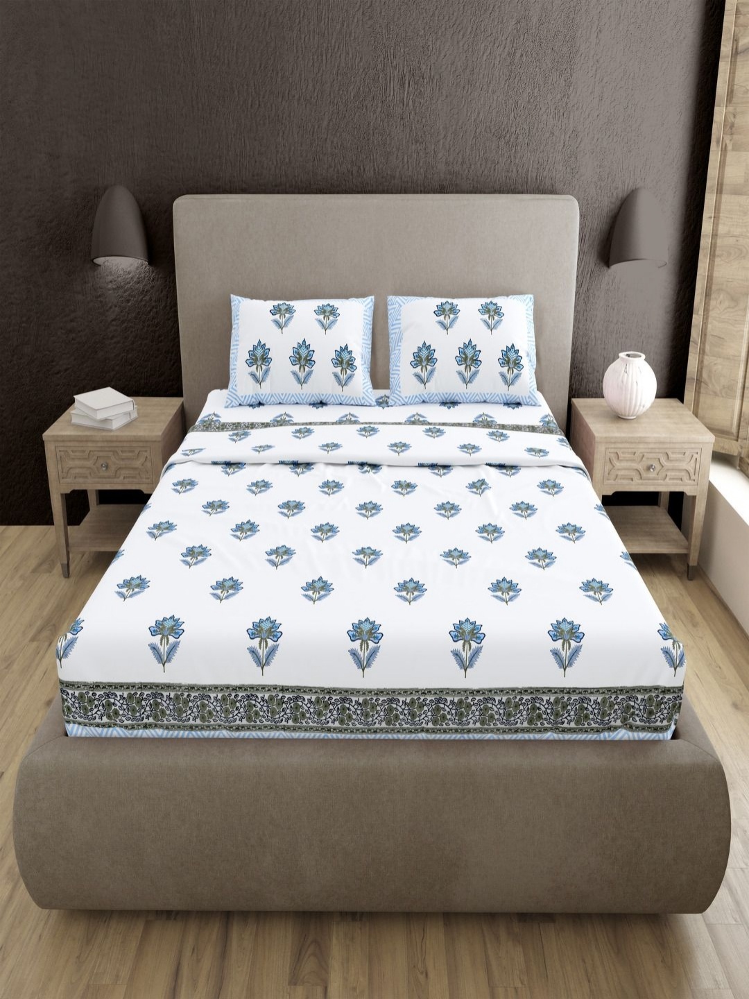 

BED-SHEET.COM White & Blue Floral 400 TC King Bedsheet with 2 Pillow Covers