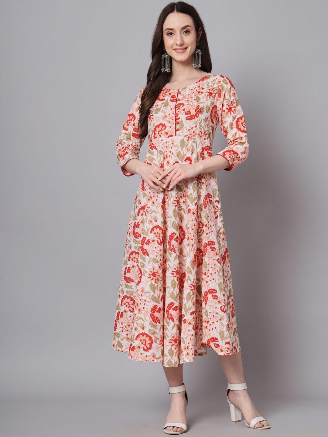 

HERE&NOW Floral Printed Round Neck Three-Quarter Sleeves Pure Cotton Ethnic Dress, White