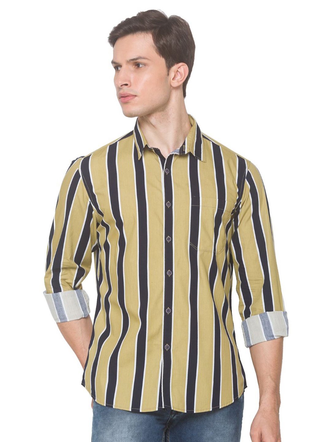 

SNX Men Tailored Fit Opaque Striped Casual Shirt, Khaki