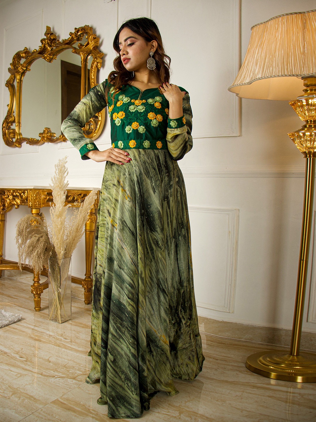 

KALINI Embroidered Chiffon Fit & Flare Maxi Dress, Green