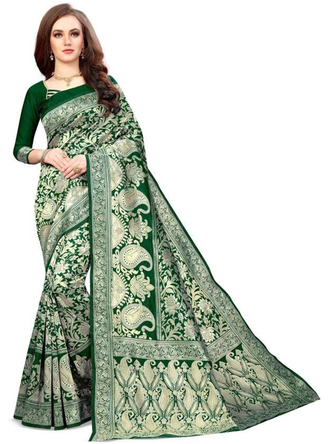 

Shiroya Brothers Woven Design Zari Jute Cotton Kanjeevaram Saree, Green