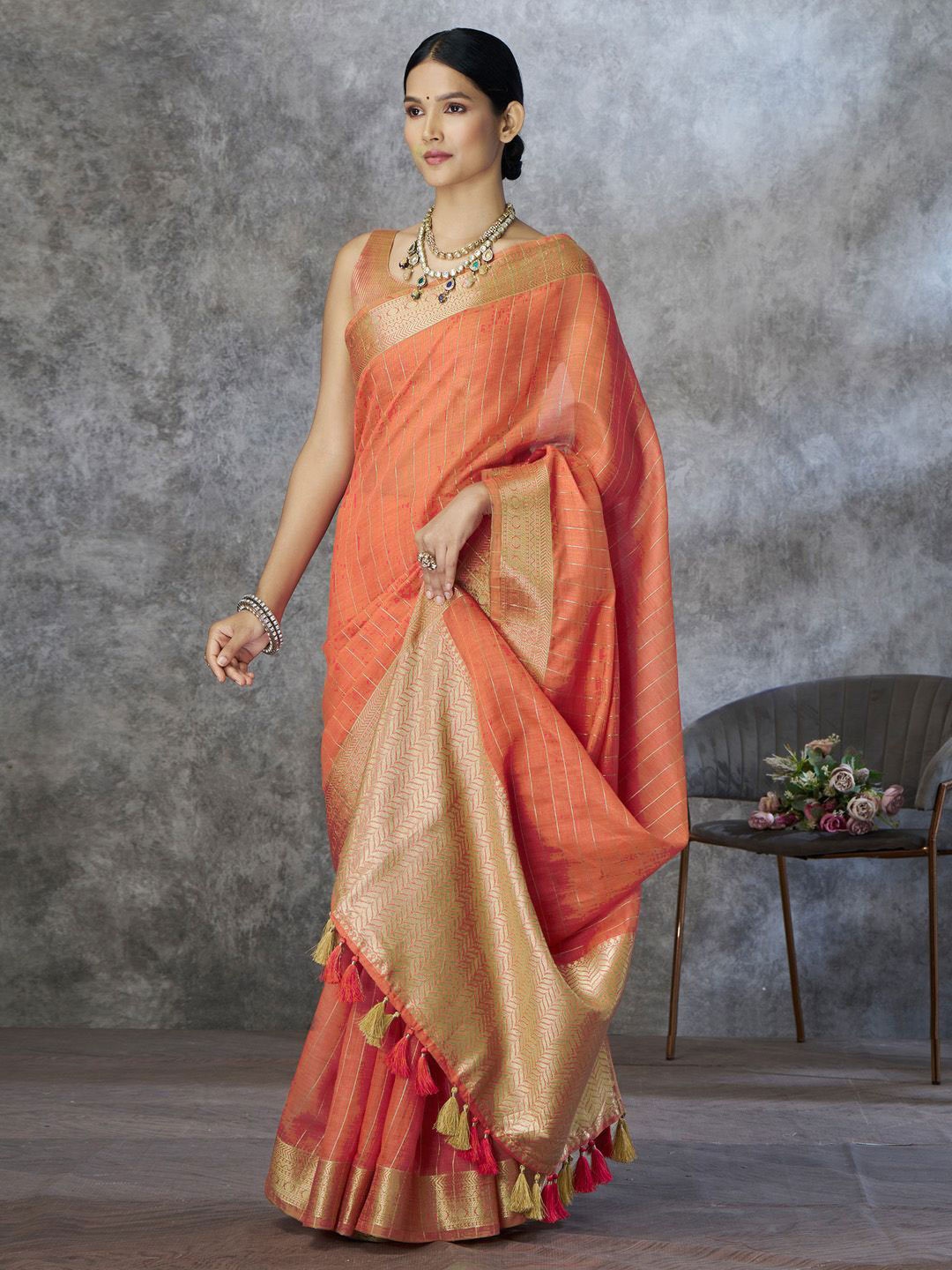 

Mitera Woven Design Zari Pure Cotton Chanderi Saree, Orange