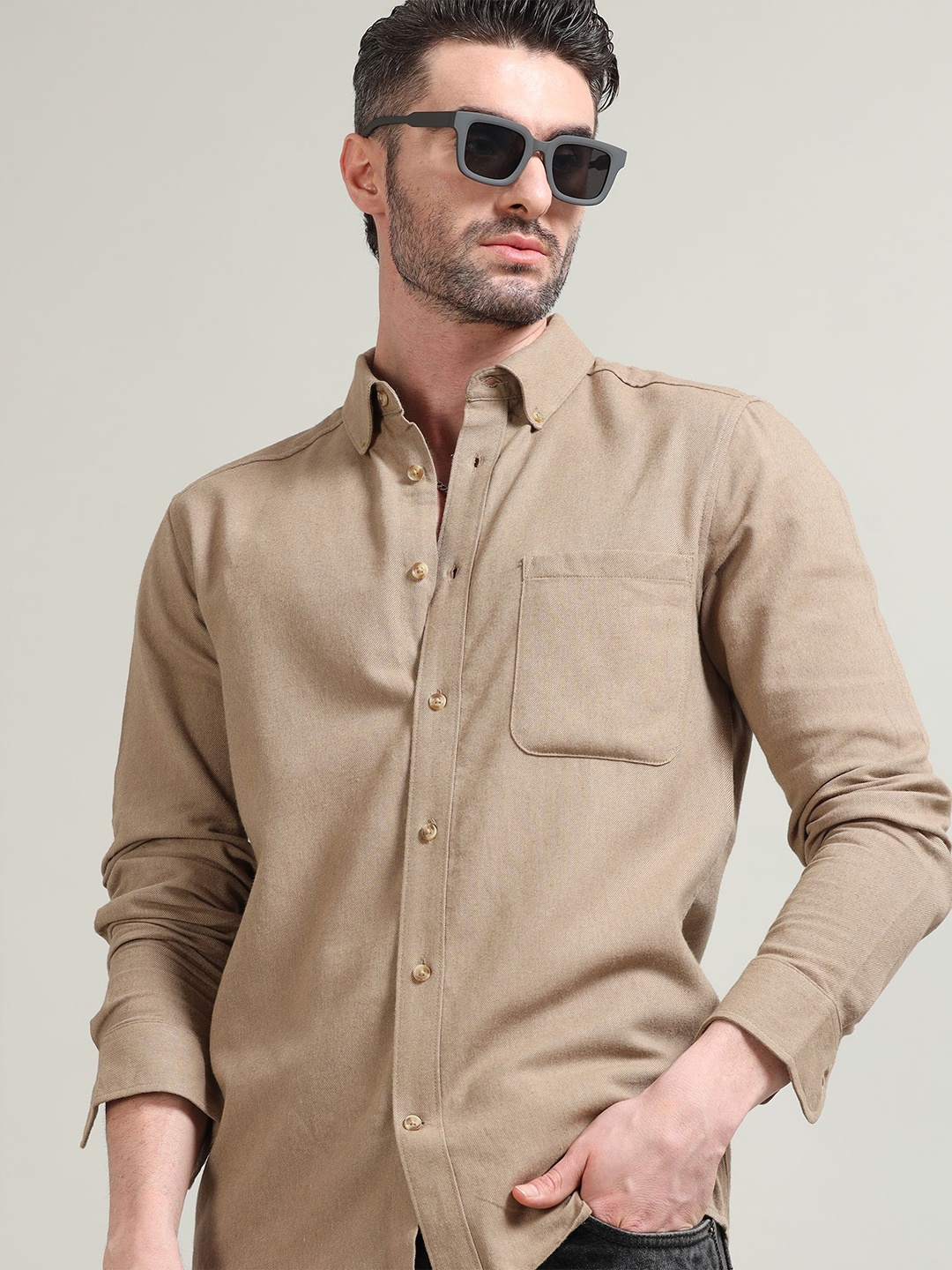 

StitchX Men Slim Fit Full Sleeve Cotton Button Down Collar Solid Shirt, Khaki