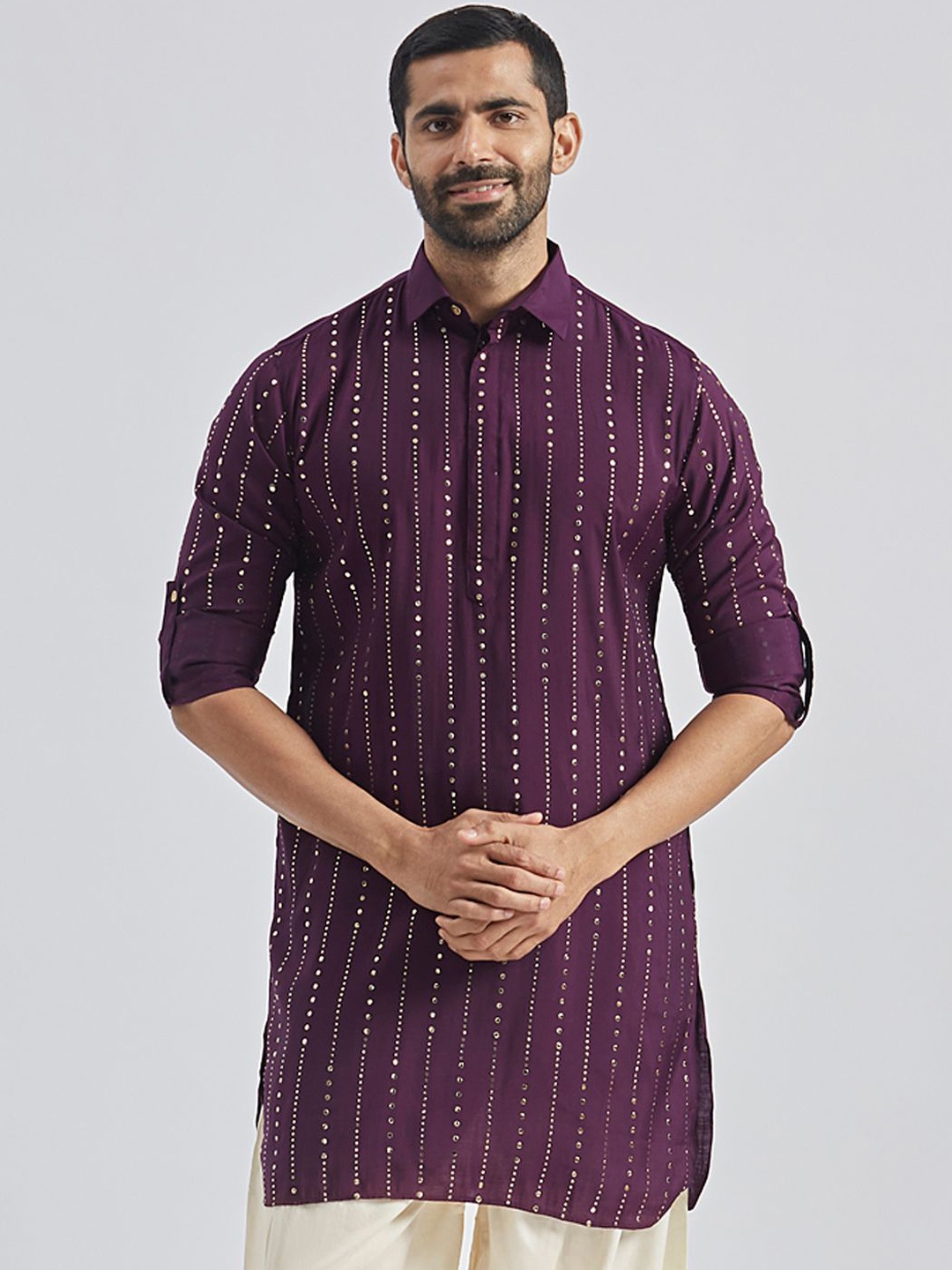 

VASTRAMAY Men Polka Dot Printed Pathani Kurta, Purple