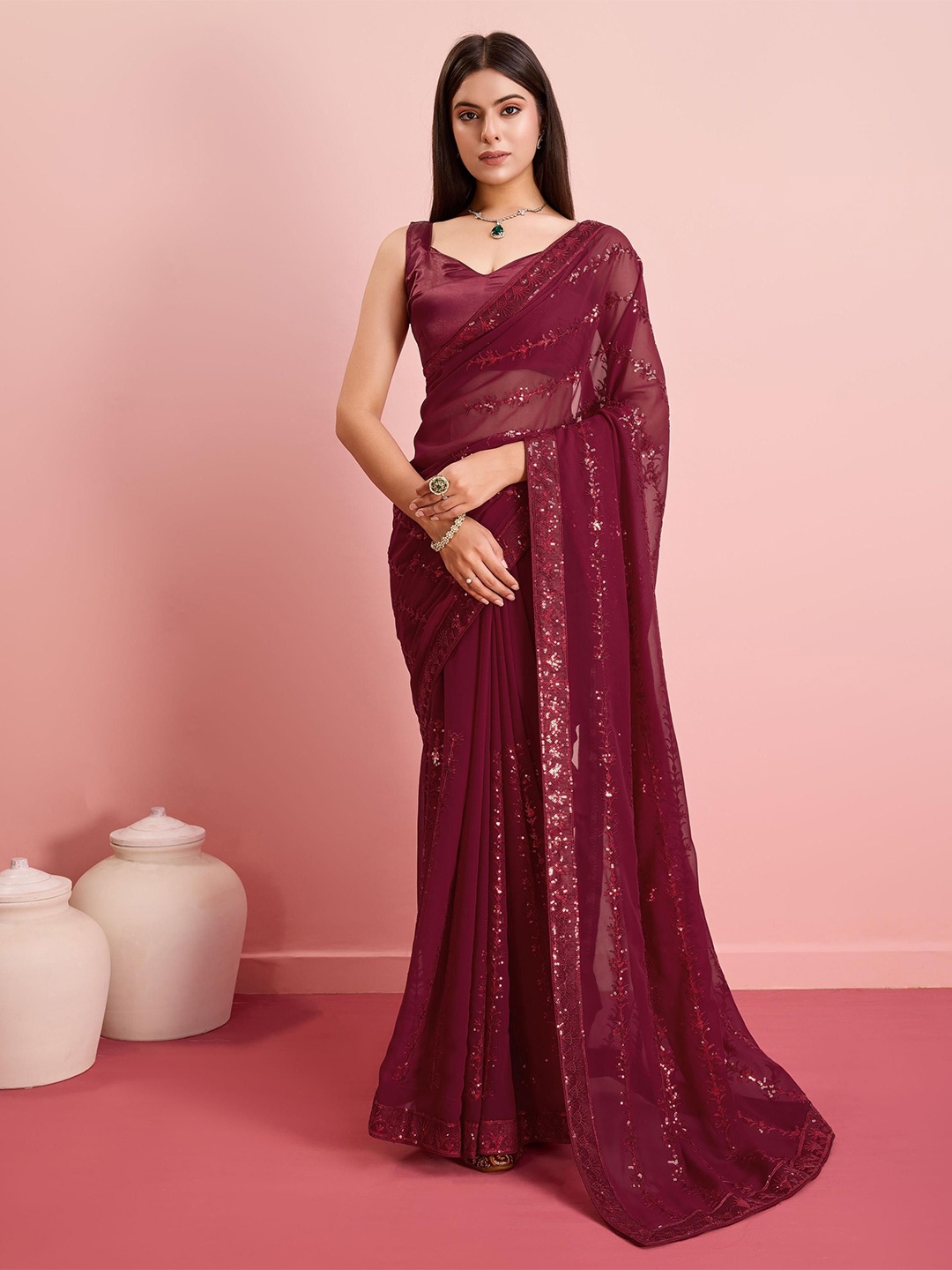 

HERE&NOW Floral Embellished Saree With Blouse Piece, Maroon