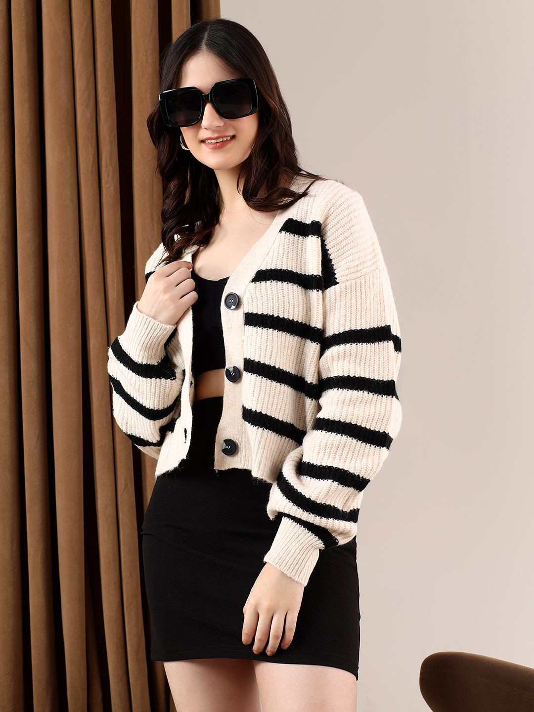 

Kotty Women Striped Printed Cardigan, Black
