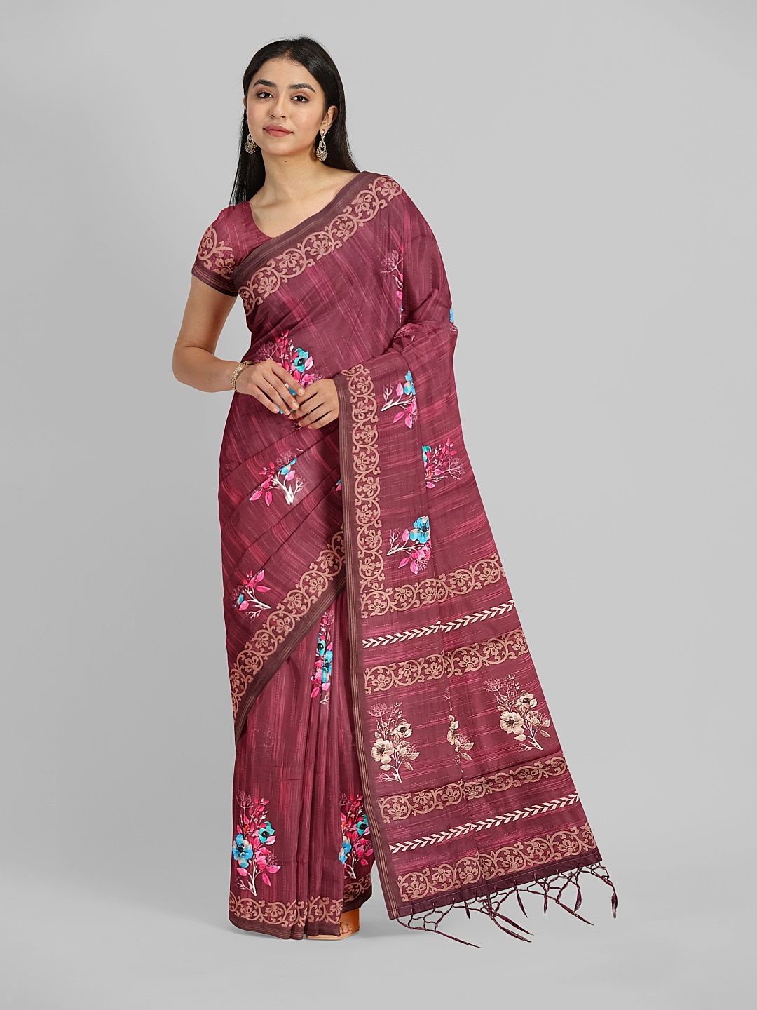 

Avyay Creation Floral Tussar Saree, Maroon