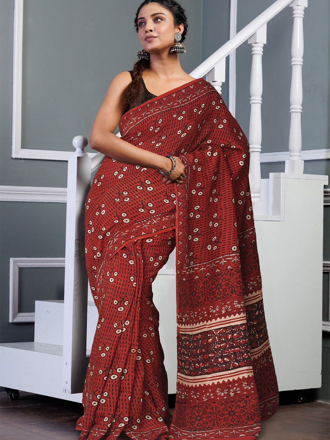 

Unnati Silks Pure Silk Handloom Block Print Saree, Red