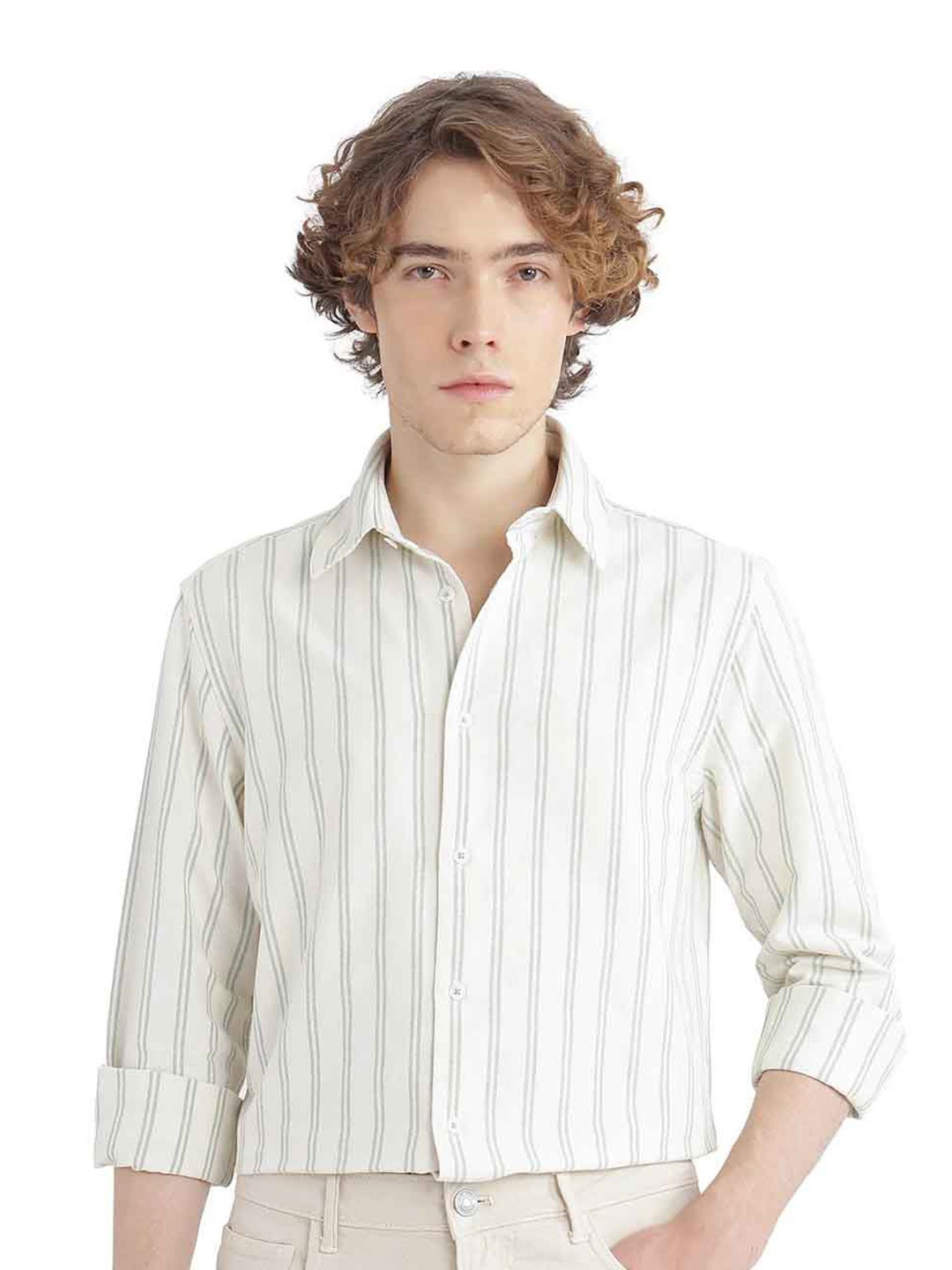 

RARE RABBIT Men Comfort Spread Collar Vertical Striped Cotton Casual Shirt, White