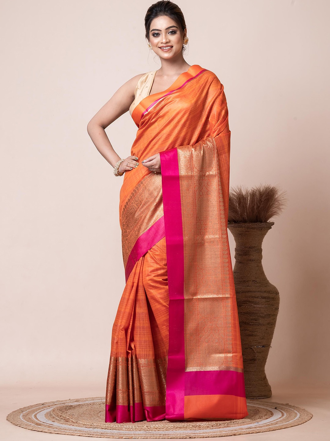 

VIBHAVARI Woven Design Zari Silk Cotton Saree, Orange