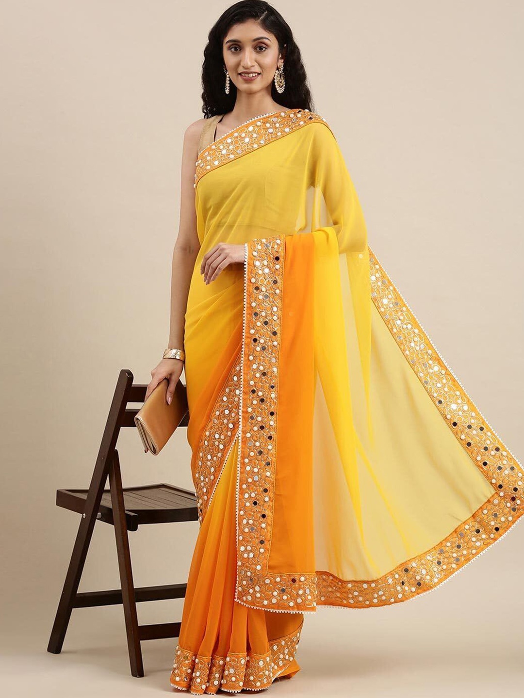 

Shiroya Brothers Mirror Work Pure Georgette Saree, Yellow