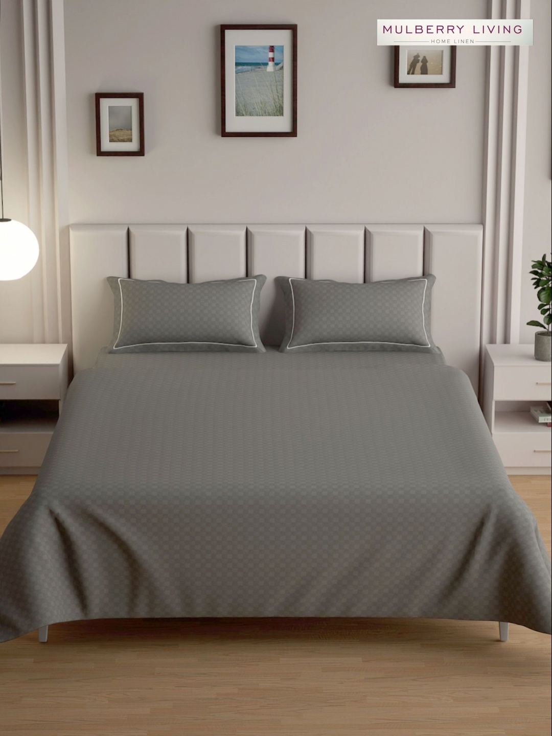 

Mulberry Living Grey Urban Grid 300 TC Queen Size Cotton Bedsheet Set 2.74 m x 2.28 m