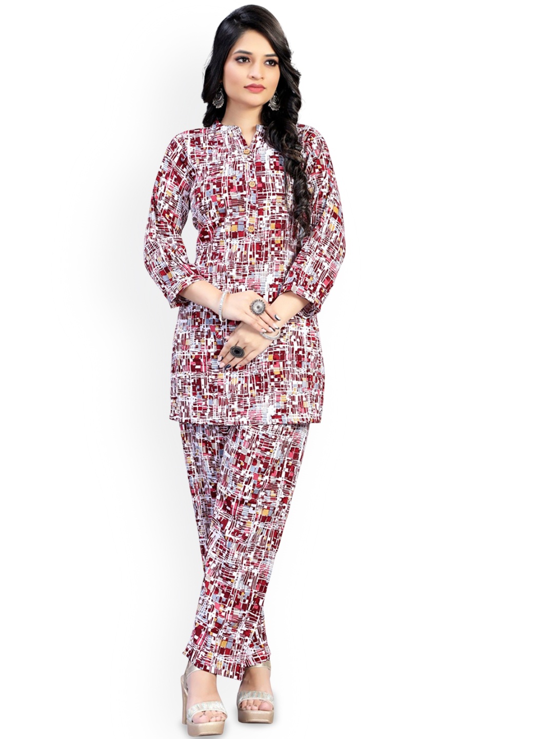 

RUNAYA NX Printed Mandarin Collar Tunic With Trousers, Red