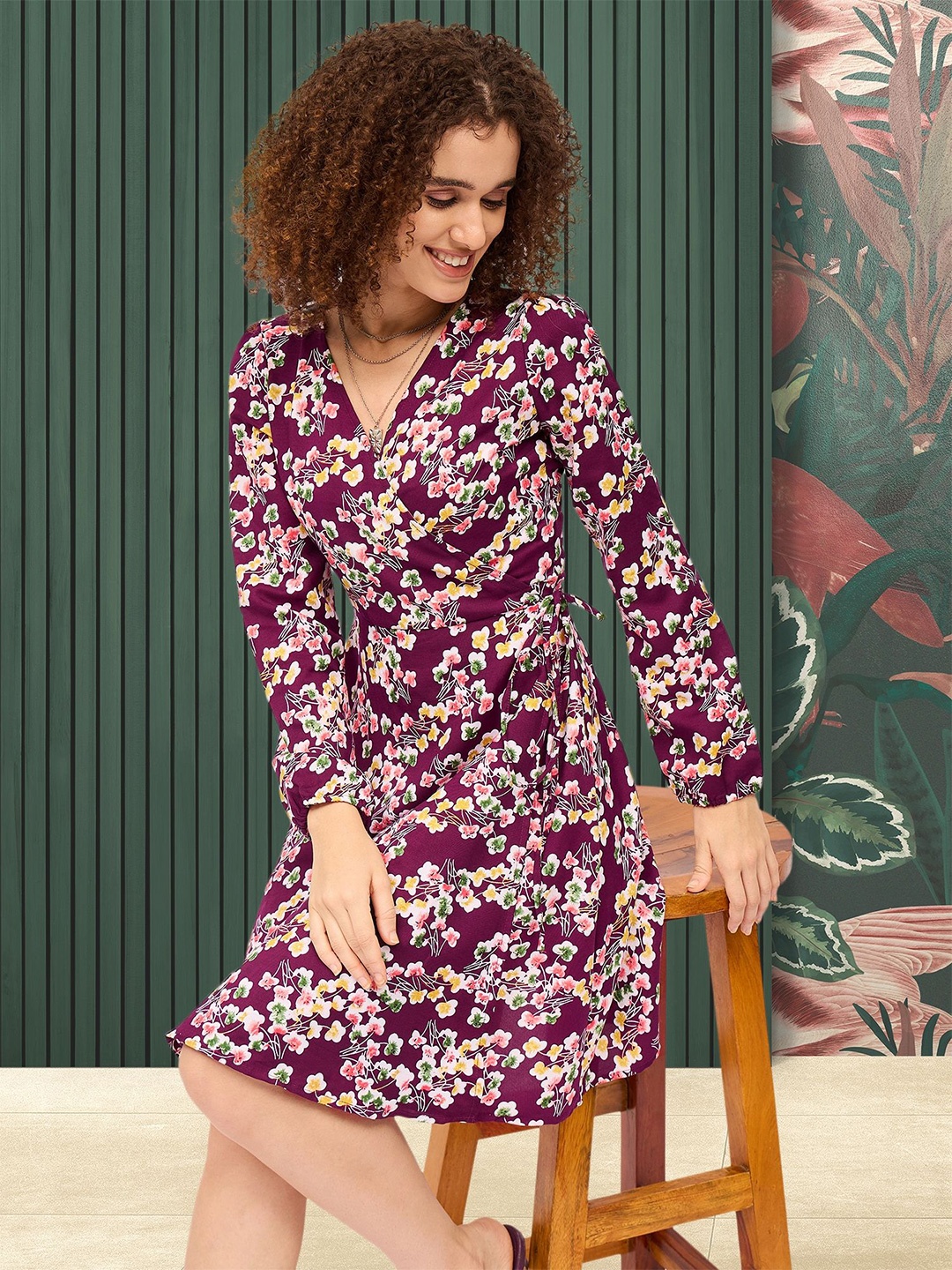 

DressBerry Women Cotton Floral Printed Wrap Dress, Maroon